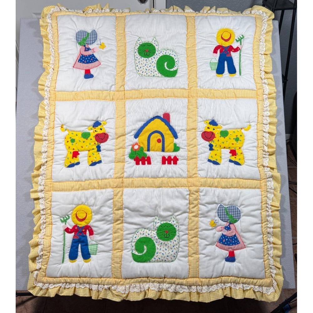 Baby Quilt Yellow gingham Backing and Trim - 9 Squares - 60" x 40" Very Good